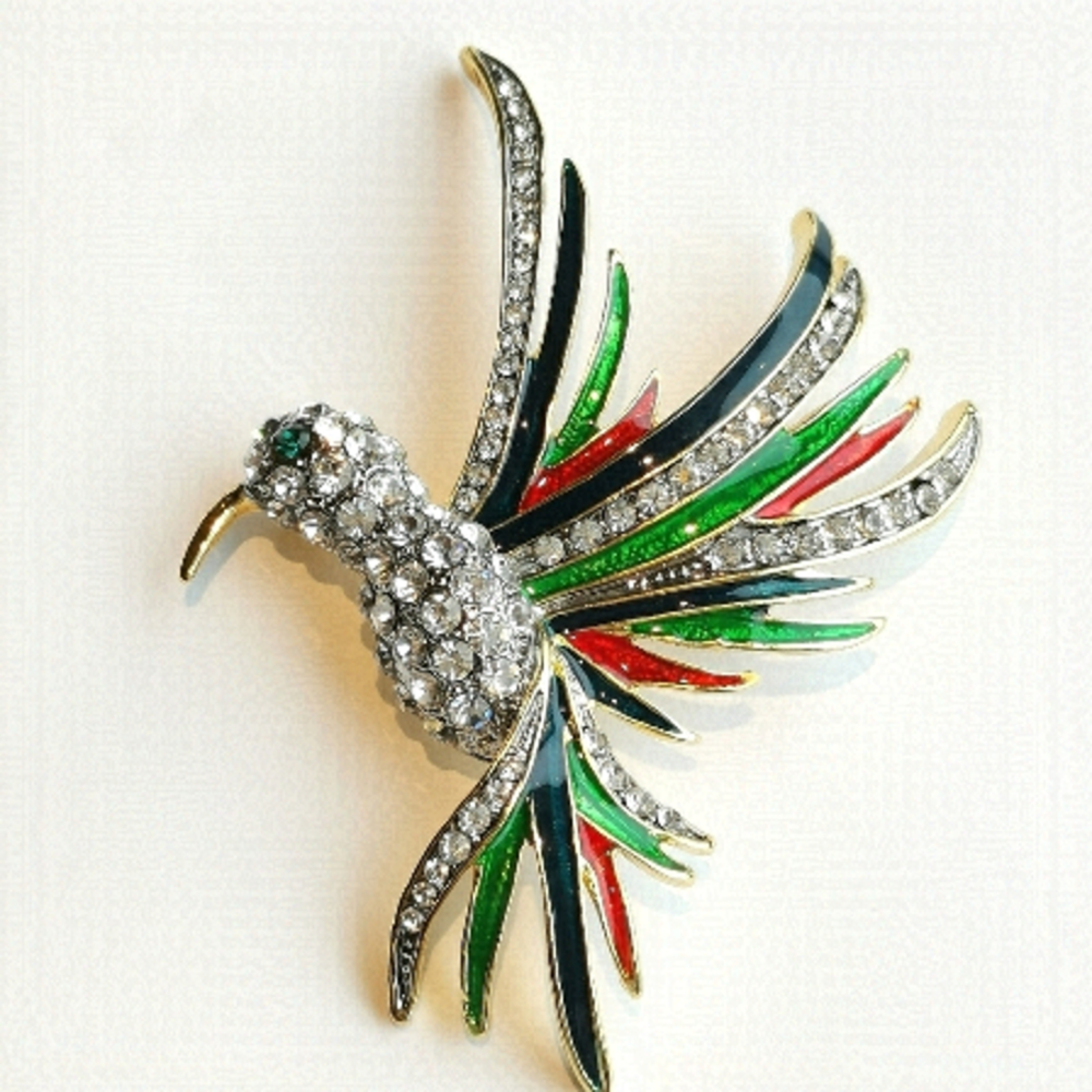 BIRD of Paradise brooch pin enamel crystal